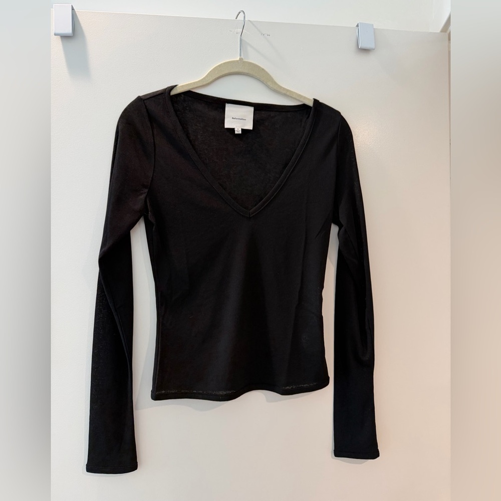 Reformation Black Semi Sheer V Neck Longsleeve